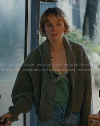 Lindsay's green lace trim cami and ribbed cardigan on Beef