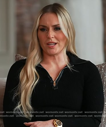Lindsey Vonn's black ribbed leather trim zip sweater on Today