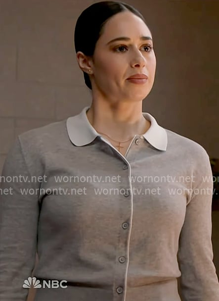 Lucy's grey cardigan with contrasting collar on Chicago Fire