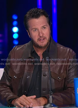 Luke Bryan's brown colorblock leather jacket on American Idol