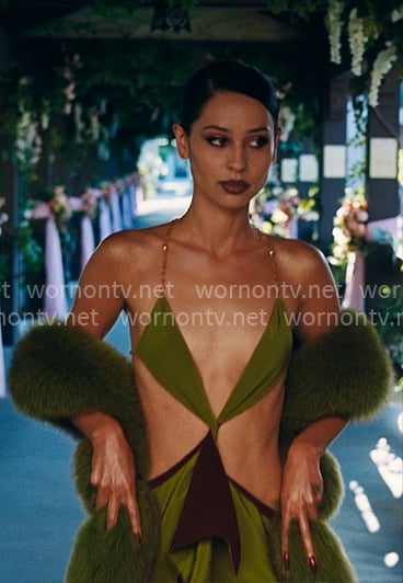 Maddy's green cutout dress at Cassie and Nate's wedding on Euphoria