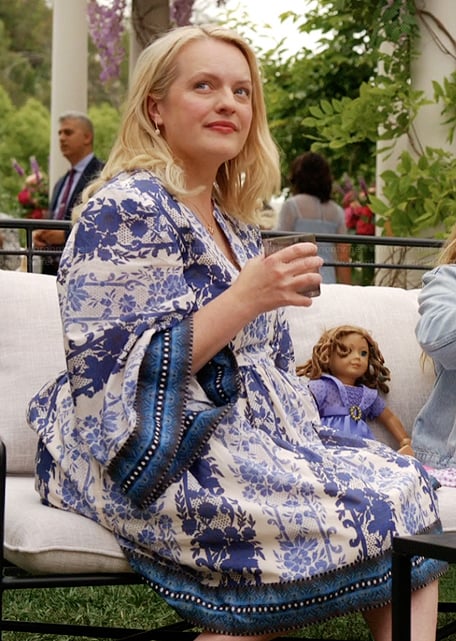 Mary's blue floral print wrap dress on Imperfect Women