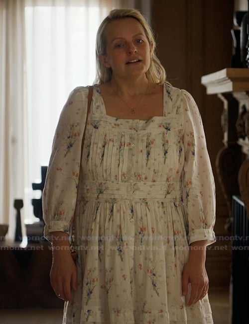 Mary's white floral print dress on Imperfect Women