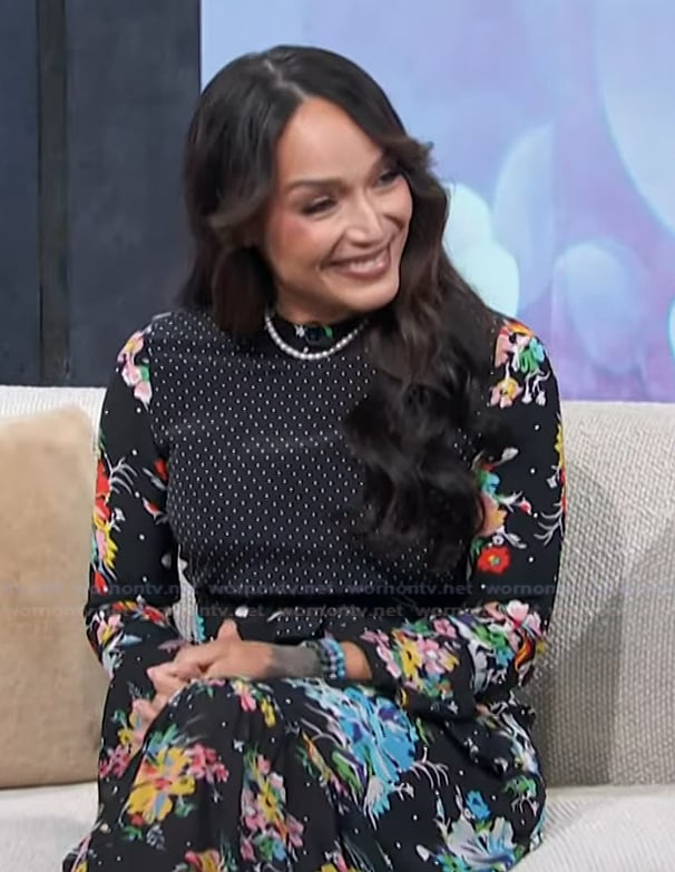 Mayte's floral print long sleeve dress on Access Hollywood