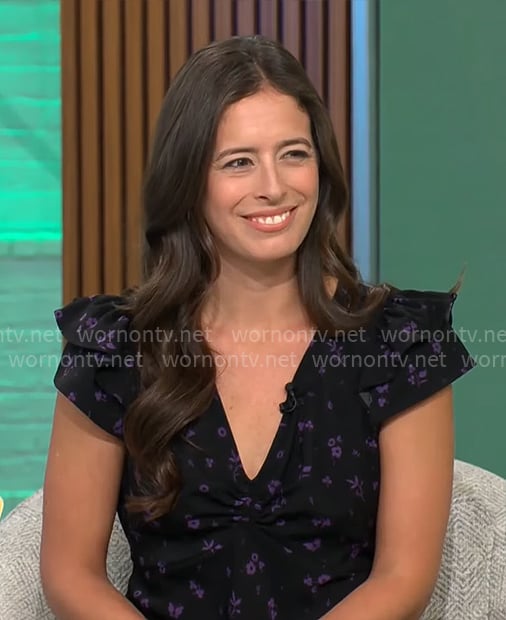 Megan Spurrell's black and purple floral dress on CBS Mornings