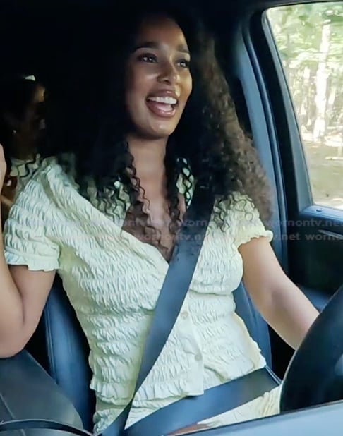 Mia's yellow shirred top and short set on Summer House
