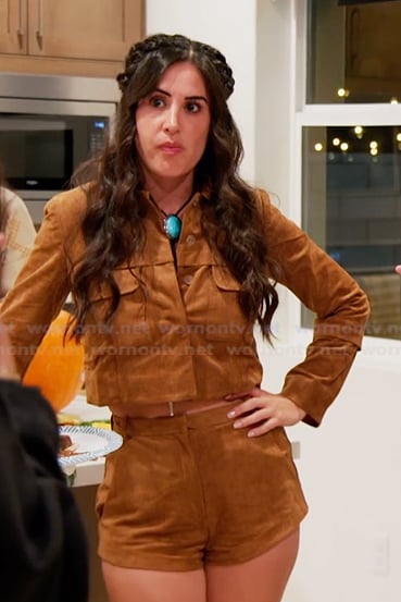 Michelle's brown suede jacket and shorts on The Valley
