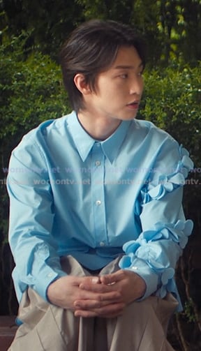 Min Ho's blue ruffle sleeve shirt on XO Kitty