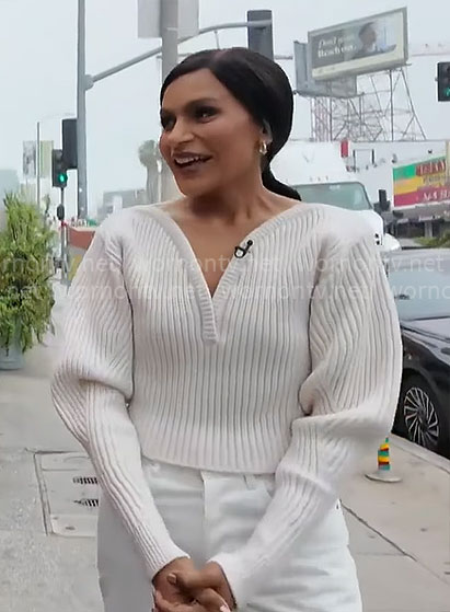 Mindy Kaling's white v-neck sweater on CBS Mornings