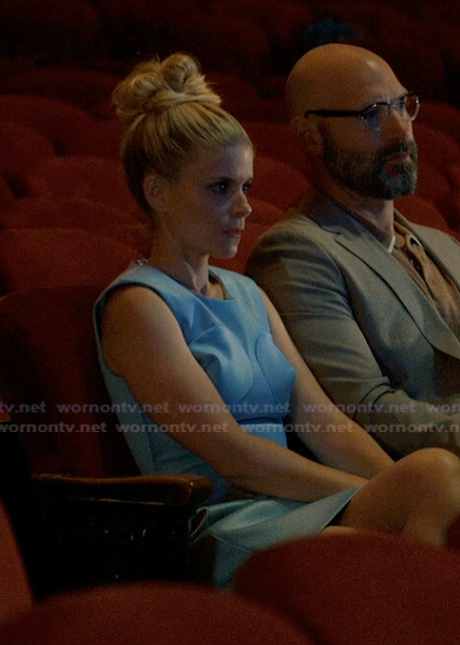 Nancy's blue satin mini dress on Imperfect Women