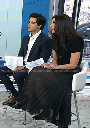 Natalie's black puff short sleeve cardigan and pleated skirt on Today