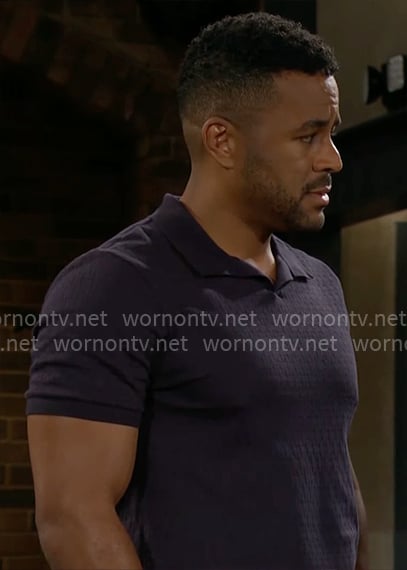 Nate's navy textured knit polo shirt on The Young and the Restless