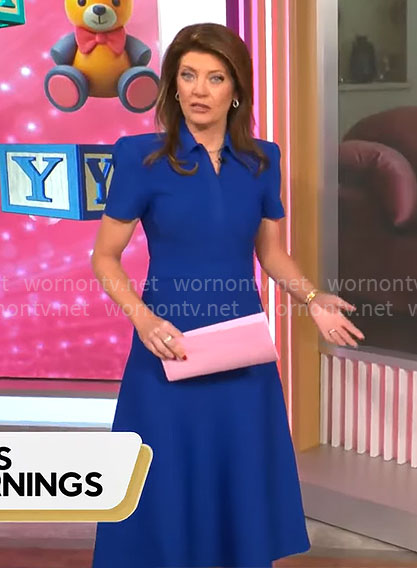Norah O'Donnell's blue short sleeve dress on CBS Mornings