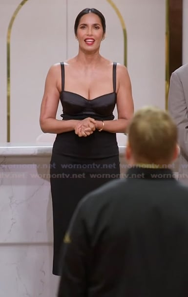 Padma's black bustier dress on Americas Culinary Cup