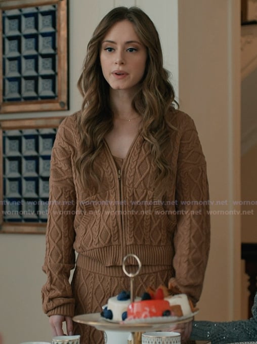 Plum's brown cable knit hoodie and pants on Elsbeth