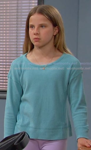 Rachel's blue waffle long sleeve ttop on Days of our Lives