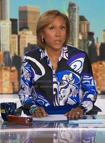Robin's blue print blouse and wrap skirt on Good Morning America