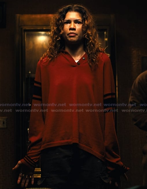 Rue's red sleeve stripe polo shirt on Euphoria