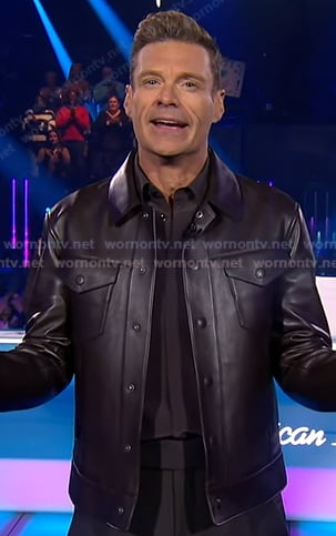 Ryan Seacrest's leather button front jacket on American Idol