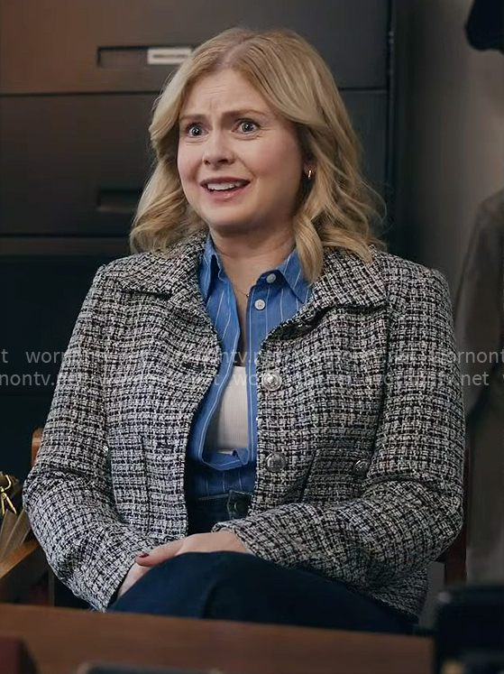 Sam's tweed jacket and blue striped shirt on Ghosts
