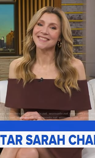 Sarah Chalke's brown off-shoulder mini dress on Good Morning America