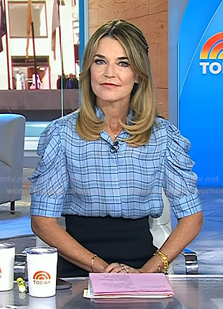 Savannah's blue plaid puff sleeve top on Today