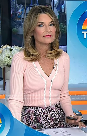 Savannah's pink ribbed v-neck sweater and floral leopard skirt on Today