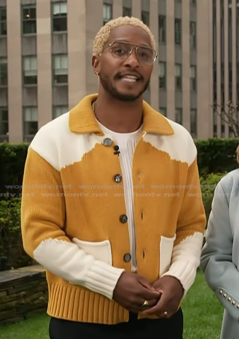 Scott's colorblock knit cardigan on Access Hollywood