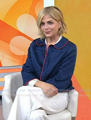 Selma Blair's lip print pajama shirt and navy quilted jacket on Today