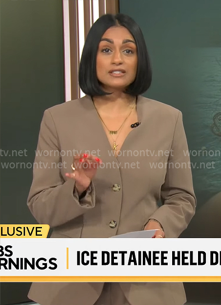 Shanelle Kaul's taupe blazer on CBS Mornings