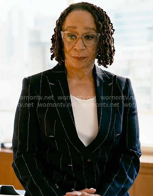 Sharon's navy pinstripe jacket on Chicago Med