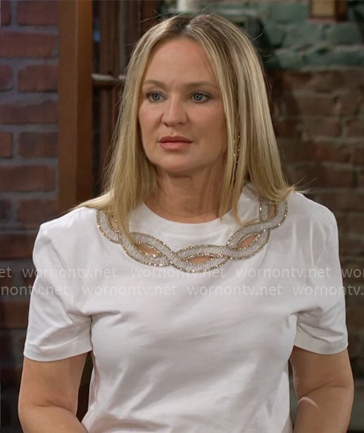 Sharon's white beaded t-shirt with cutouts on The Young and the Restless