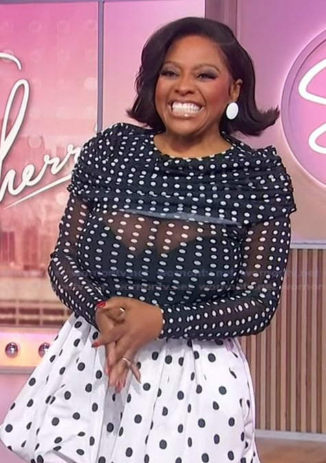 Sherri's black mesh polka dot top and skirt on Sherri