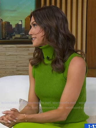 Sophie Flay's green turtleneck sleeveless sweater on Good Morning America