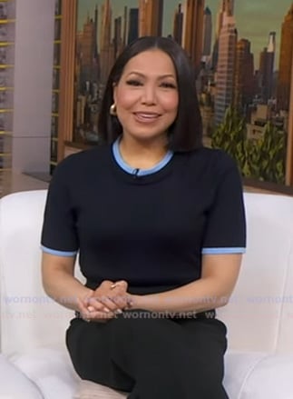 Stephanie's navy contrast trim short sleeve sweater on Good Morning America