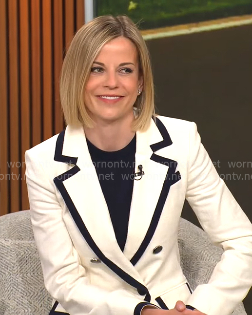 Susie Wolff's white blazer with navy trims on CBS Mornings