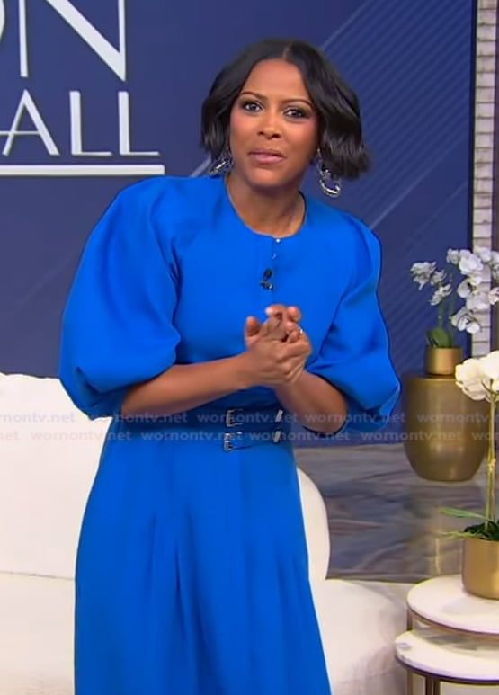 Tamron's blue belted dress on Tamron Hall Show
