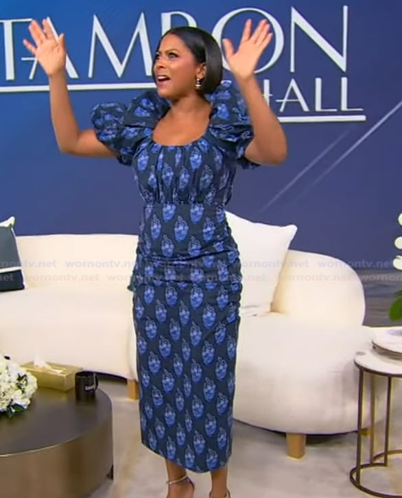 Tamron's blue printed puff sleeve dress on Tamron Hall Show