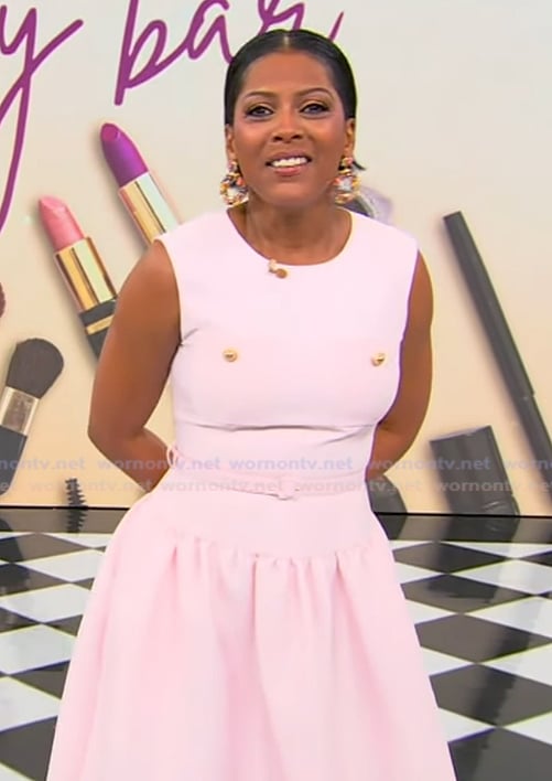 Tamron's pink belted dress on Tamron Hall Show