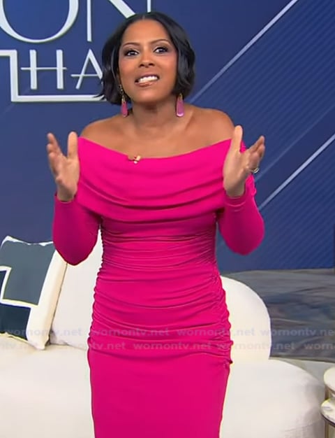 Tamron's pink off shoulder dress on Tamron Hall Show
