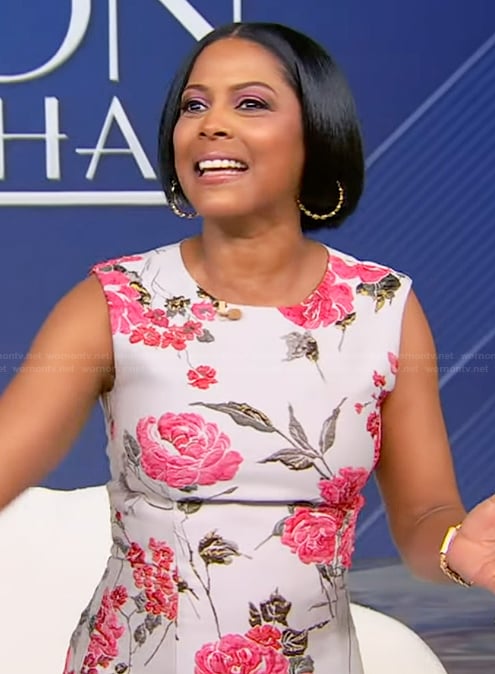 Tamron's white floral sleeveless dress on Tamron Hall Show