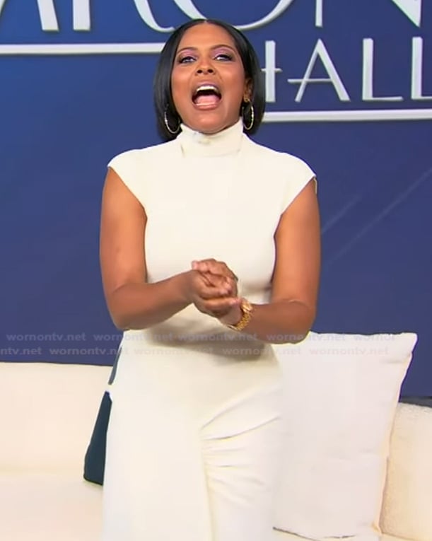 Tamron's white ruched dress on Tamron Hall Show