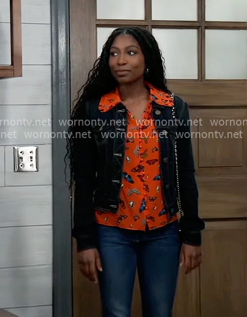 Trina's red butterfly print top and denim jacket on General Hospital
