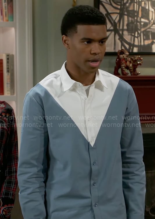 Tyrell's blue and white triangle shirt on Beyond the Gates