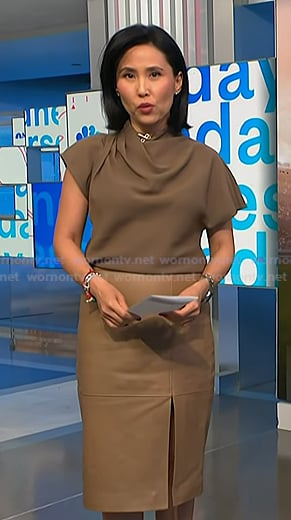 Vicky's brown drape asymmetric top and leather skirt on NBC News Daily
