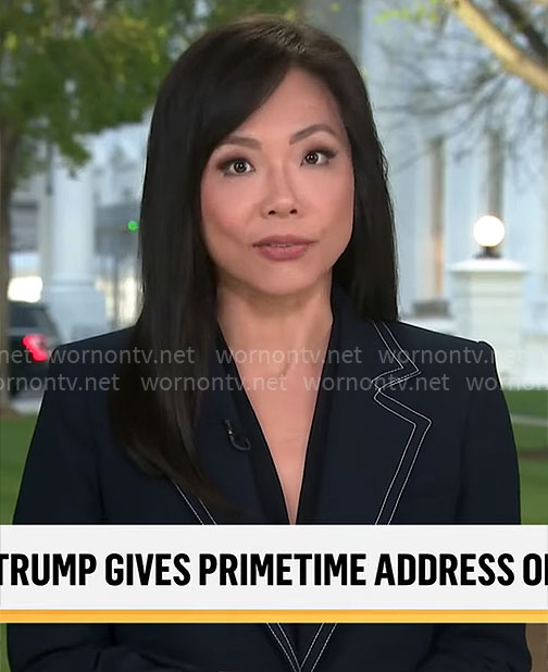 Weijia Jiang's navy blazer with contrast stitching on CBS Mornings