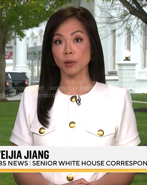 Weijia Jiang's white short-sleeved jacket with gold buttons on CBS Mornings