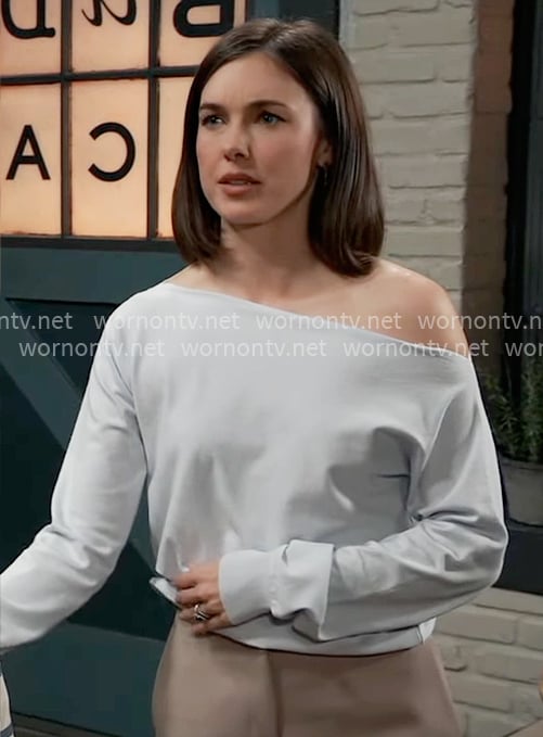 Willow's light blue off shoulder sweater on General Hospital