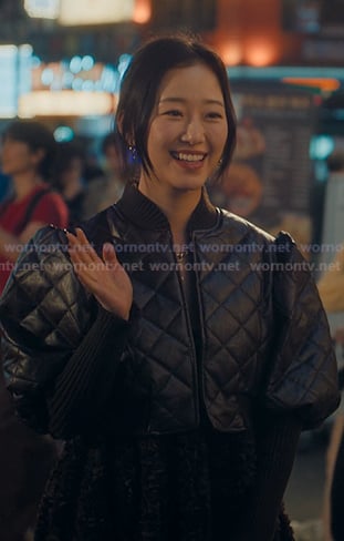 Yuri's black quilted crop jacket on XO Kitty