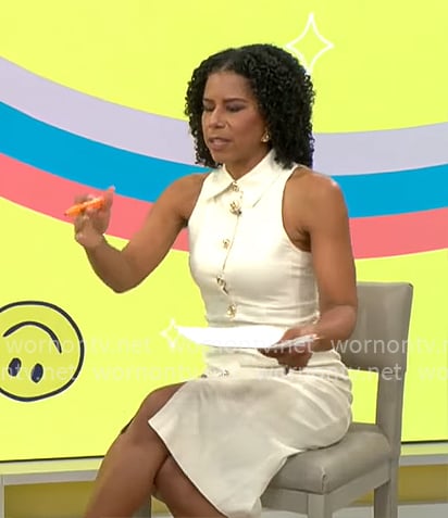 Adriana Diaz's white button front sleeveless dress on CBS Mornings
